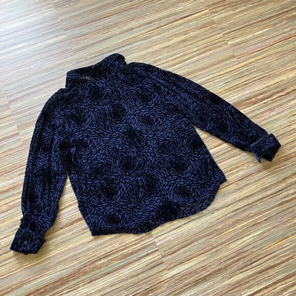 Mantles Petite Silk Blend Burnout Velvet Shirt Navy Sheer Rose Pattern Blouse - Picture 7 of 8